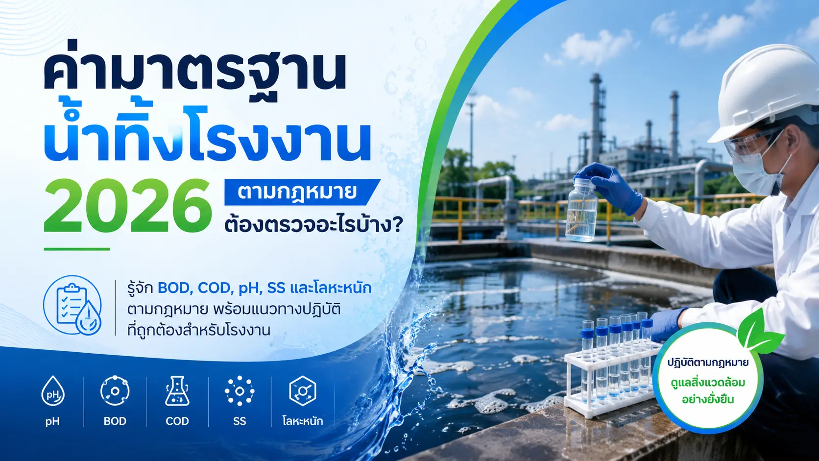ค่ามาตรฐานน้ำทิ้งโรงงาน 2026 ตามกฎหมายต้องตรวจอะไรบ้าง? รู้ก่อนโดนปรับ