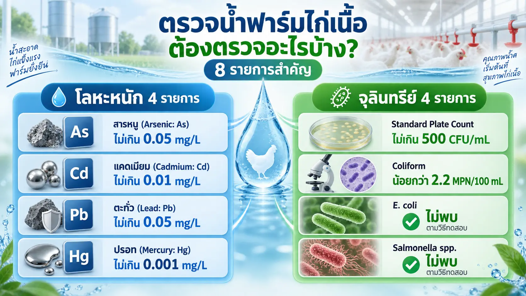 ตรวจน้ำฟาร์มไก่เนื้อต้องตรวจอะไรบ้าง?
