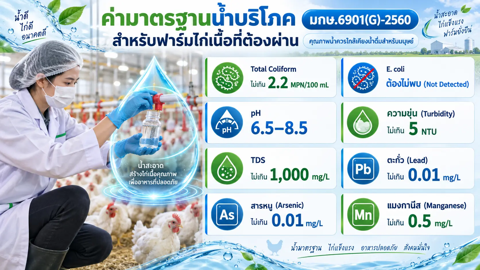 มาตรฐานน้ำสะอาดสำหรับฟาร์มไก่เนื้อ ตามมกษ.
